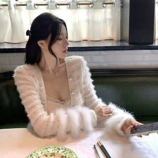 Áo len cardigan dáng ngắn phối lông cao cấp phong cách sang chảnh