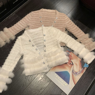 Áo len cardigan dáng ngắn phối lông cao cấp phong cách sang chảnh