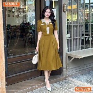 Đầm thiết kế BEMINE cổ V phối sọc dáng dài phù hợp đi làm, đi chơi-MT9829