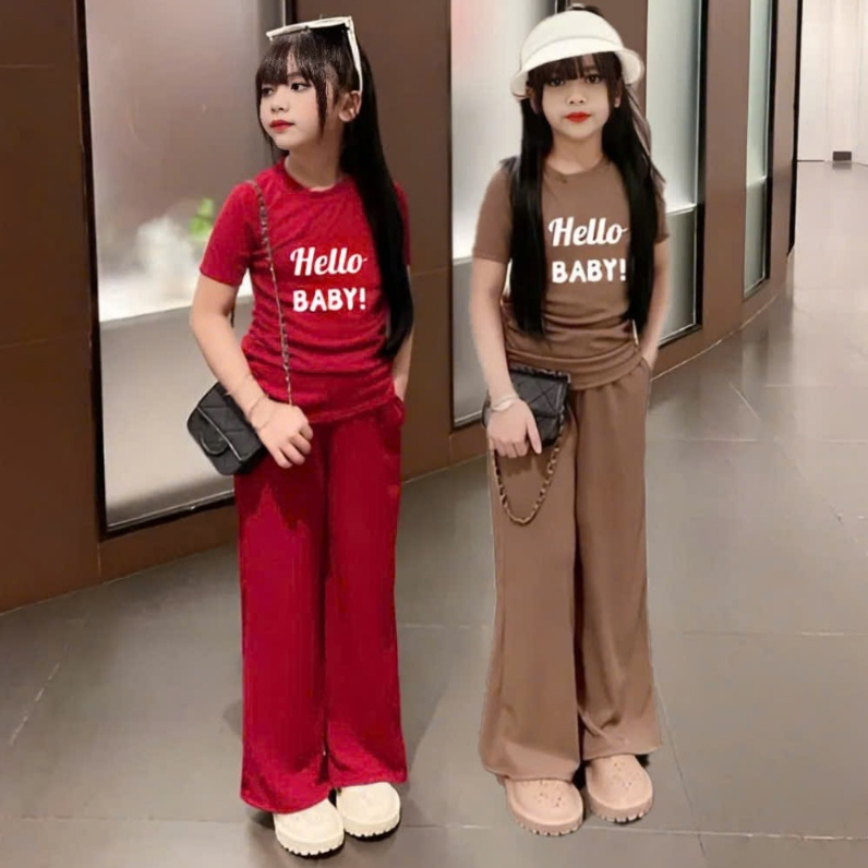 4-15 TUỔI Bộ đồ bé gái áo cộc tay  quần ống xuông sành điệu in chữ HELLO BABY chất vải tăm lạnh mềm mại Ms11