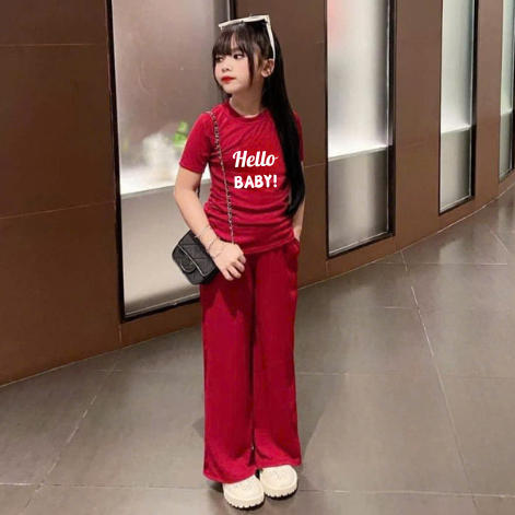 4-15 TUỔI Bộ đồ bé gái áo cộc tay  quần ống xuông sành điệu in chữ HELLO BABY chất vải tăm lạnh mềm mại Ms11