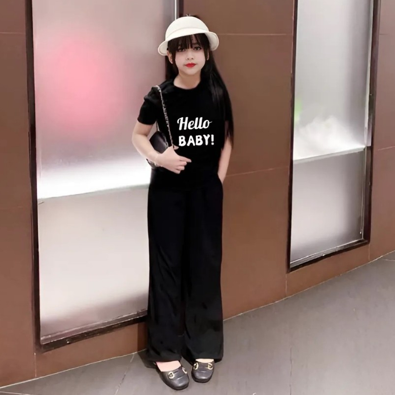 4-15 TUỔI Bộ đồ bé gái áo cộc tay  quần ống xuông sành điệu in chữ HELLO BABY chất vải tăm lạnh mềm mại Ms11