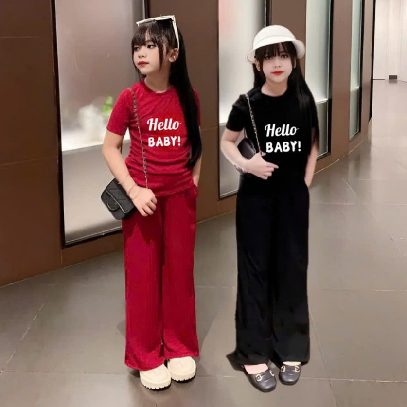 4-15 TUỔI Bộ đồ bé gái áo cộc tay  quần ống xuông sành điệu in chữ HELLO BABY chất vải tăm lạnh mềm mại Ms11