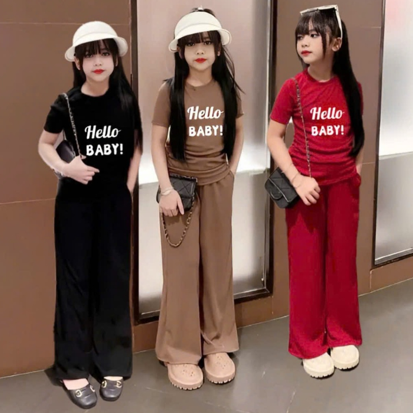 4-15 TUỔI Bộ đồ bé gái áo cộc tay  quần ống xuông sành điệu in chữ HELLO BABY chất vải tăm lạnh mềm mại Ms11