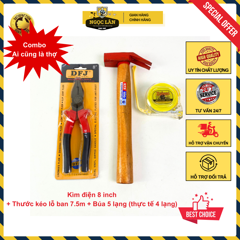 Combo Kìm điện DFJ 8 inch, búa nhổ đinh 5 lạng  và thước kéo lỗ ban 5m/7.5m nhựa trong