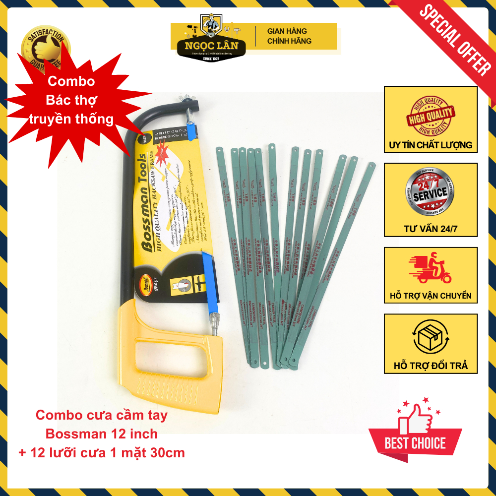 [Freeship] Khung cưa sắt, cưa ống nước 12 inch cao cấp Bossman kèm 1 lưỡi cưa sắt