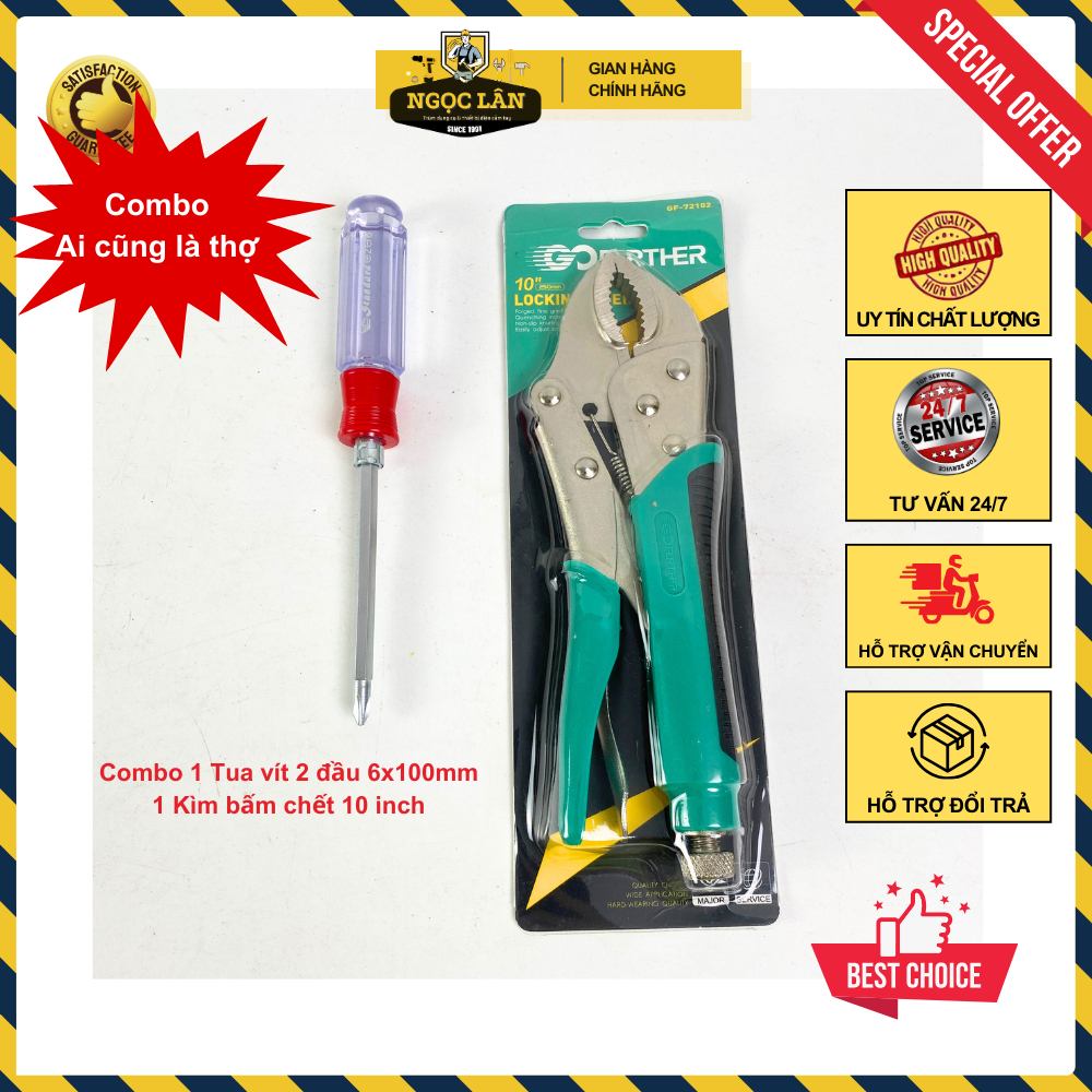 Combo Kìm bấm chết 10 inch có bọc tay cầm và tua vít 2 đầu 6x100 sữa chữa cơ bản