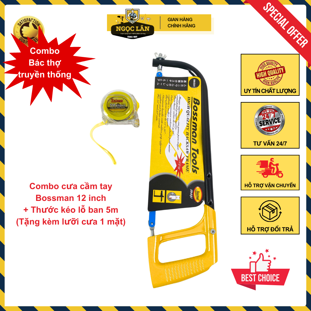 Combo Khung cưa Bossman 8-12inch và thước kéo lỗ ban nhựa trong 5m cưa ống, cưa sắt, đo đạc tiện dụng