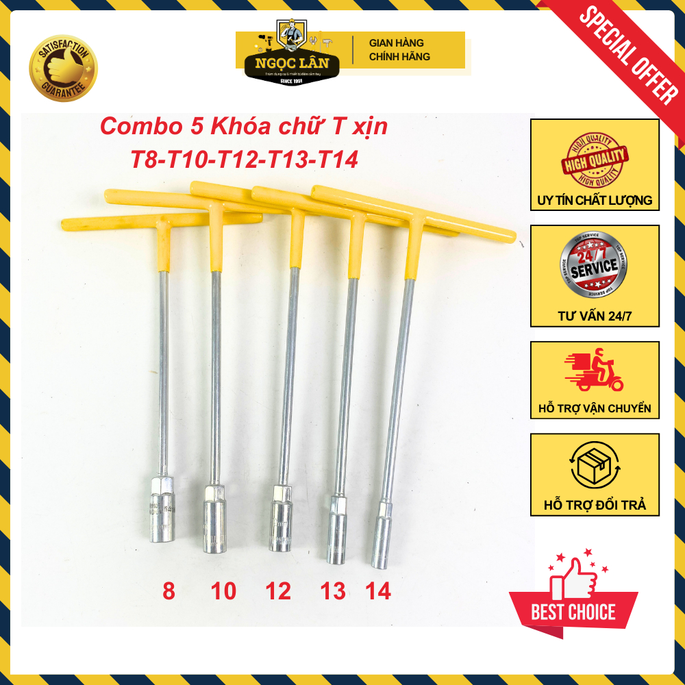 [Combo 5 cây] Khóa chữ T cán bọc vặn bulong, đai ốc 8,10,12,13,14 thép CRV