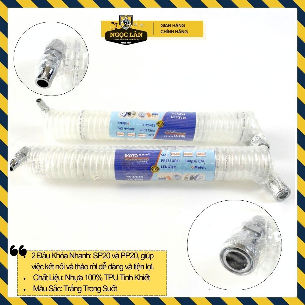 Combo dây hơi xoắn IKOTO 8x5mm  dài 6m/12m và béc xịt bụi hơi khí nén DG-10