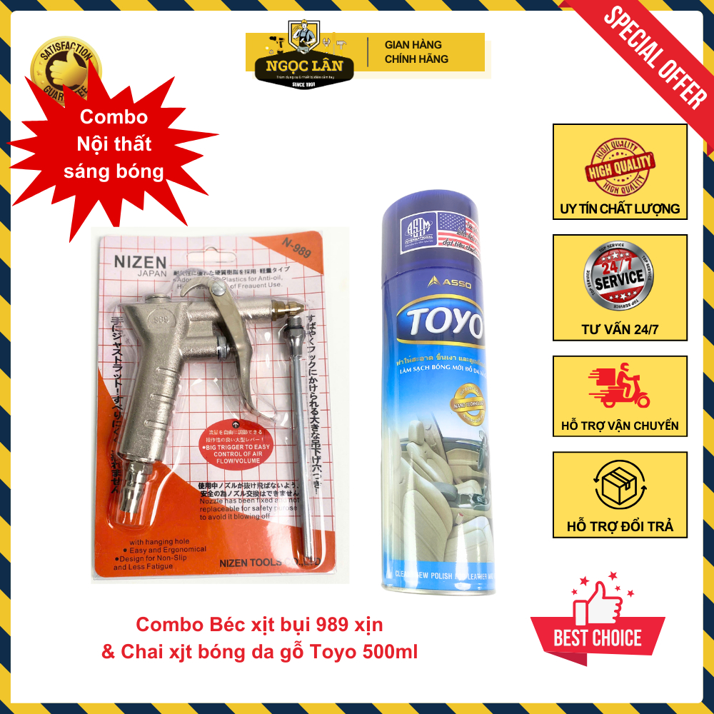 Combo chai TOYO xịt bóng đồ da, gỗ, nhựa và béc xịt bụi hơi khí nén 989