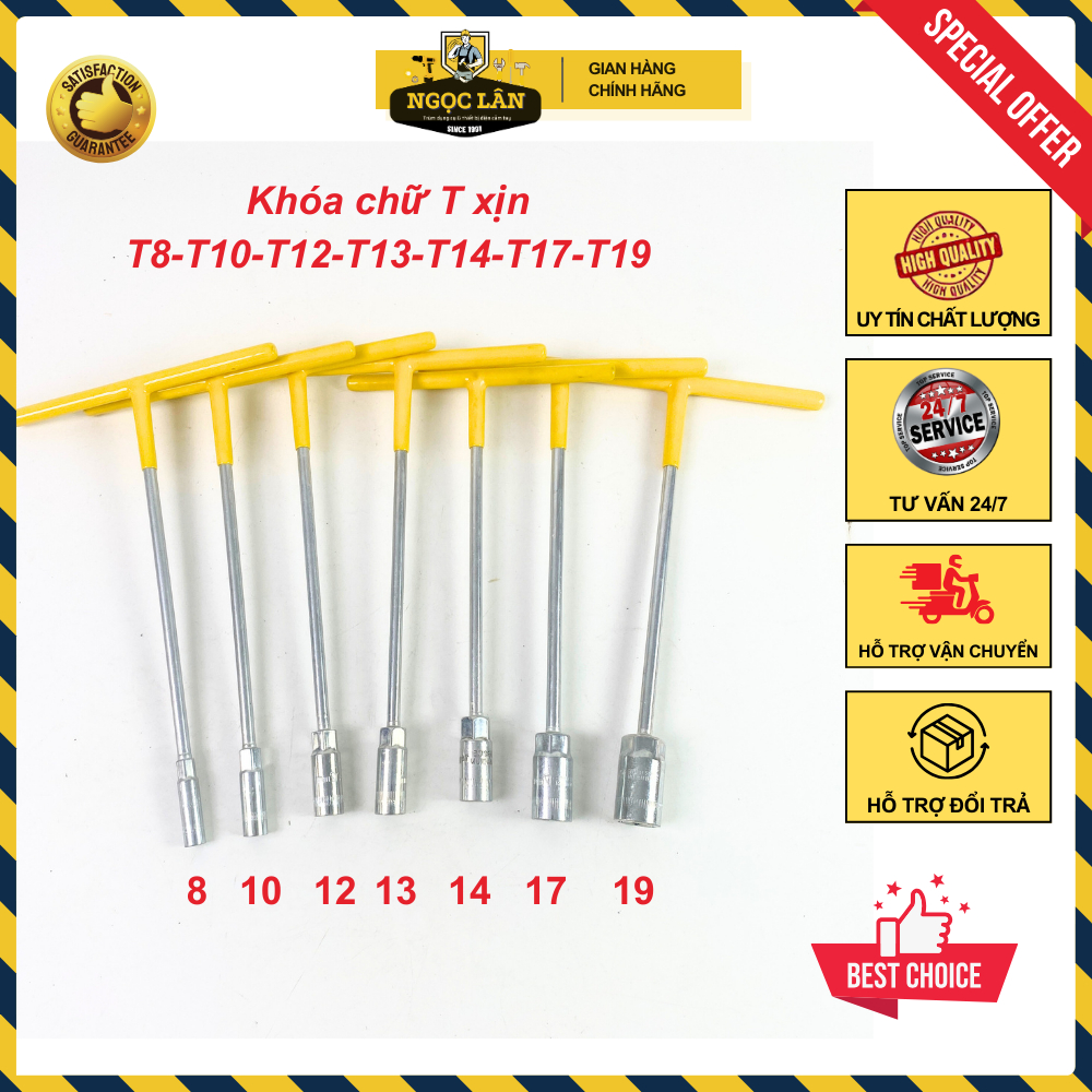 [Mua lẻ cây] Khóa chữ T cán bọc vặn bulong, đai ốc 8,10,12,13,14,17,19 thép CRV
