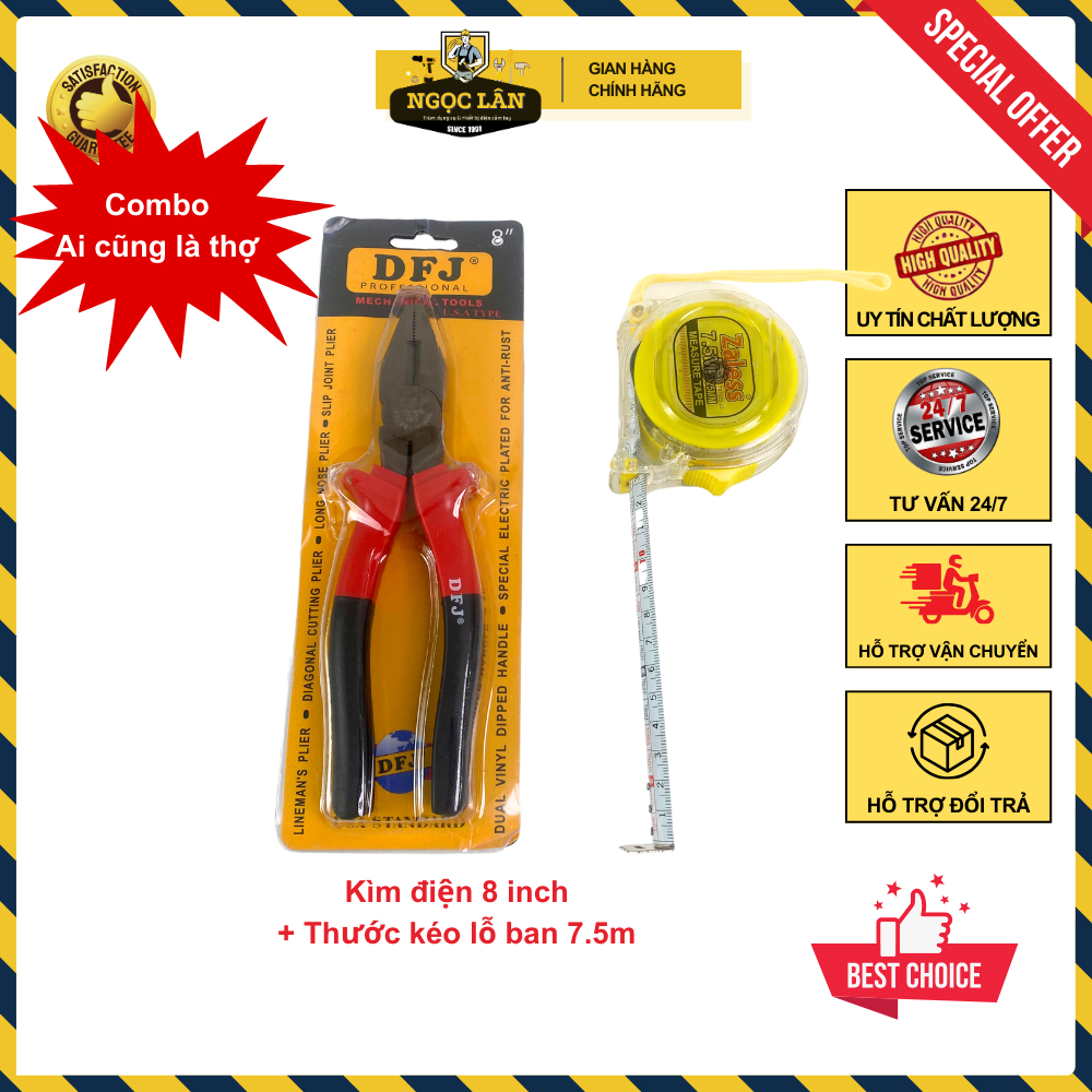 Combo Kìm điện DFJ 8 inch và thước kéo lỗ ban 7.5m nhựa trong