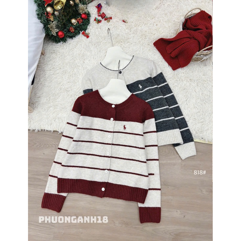 [Hàng có sẵn] Áo len Cardigan phối kẻ thêu ngựa 818