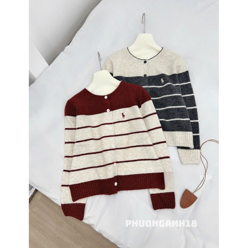 [Hàng có sẵn] Áo len Cardigan phối kẻ thêu ngựa 818