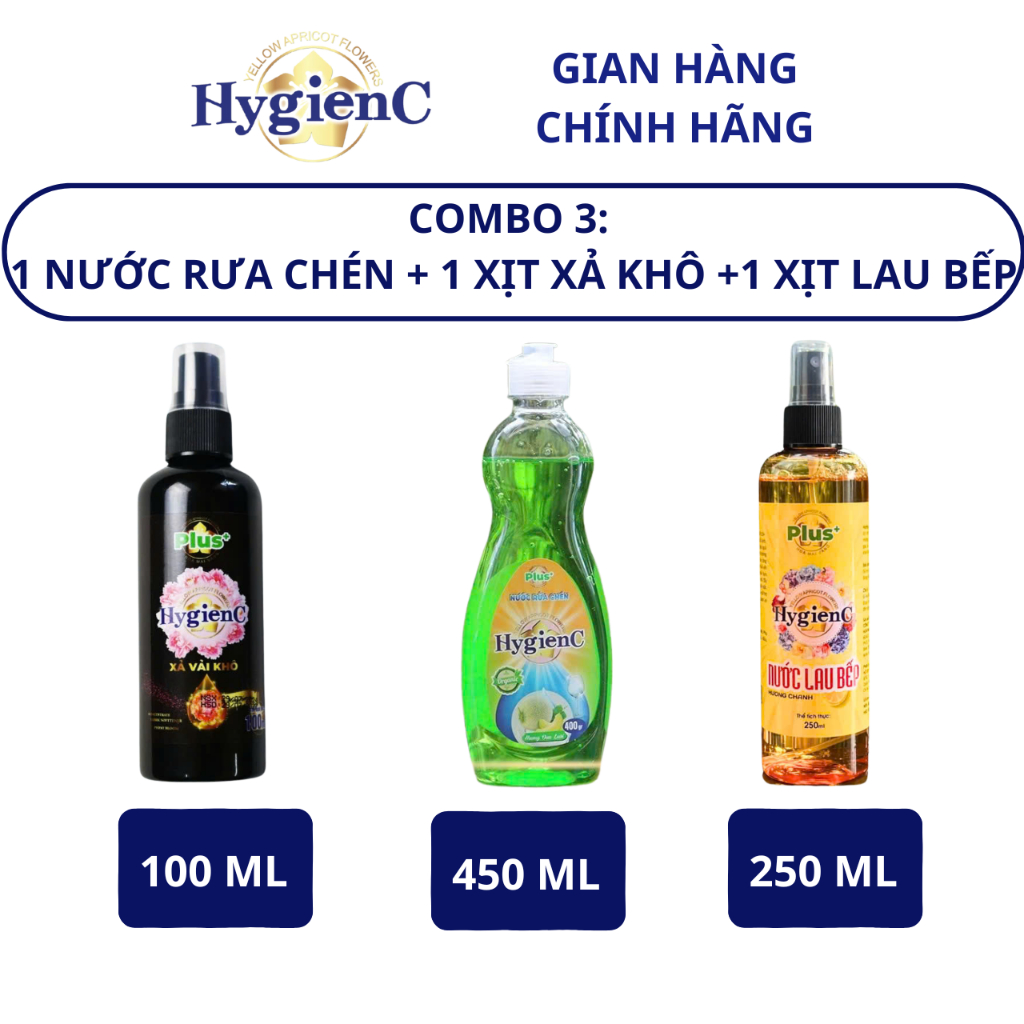 Ảnh Combo 3: 1 Chai Xịt Vải Khô 100ml + 1 Chai Nước Rửa Chén 400ml + 1 Chai Xịt Lau Bếp 250ml HygienC Plus 1