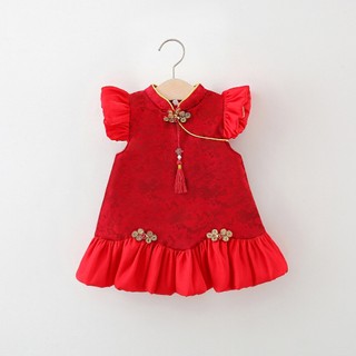 Váy bé gái phong cách Trung Hoa màu đỏ cổ tàu xinh xắn cho bé diện Noel Tết D1043