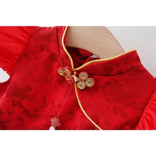 Váy bé gái phong cách Trung Hoa màu đỏ cổ tàu xinh xắn cho bé diện Noel Tết D1043