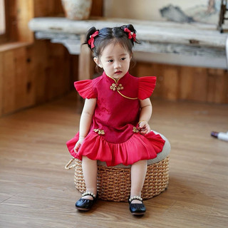 Váy bé gái phong cách Trung Hoa màu đỏ cổ tàu xinh xắn cho bé diện Noel Tết D1043