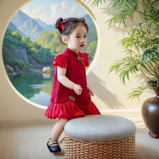Váy bé gái phong cách Trung Hoa màu đỏ cổ tàu xinh xắn cho bé diện Noel Tết D1043