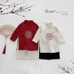Áo dài nhung bé trai thêu rồng, áo dài diện tết bé trai phối quần suông lụa Beemo