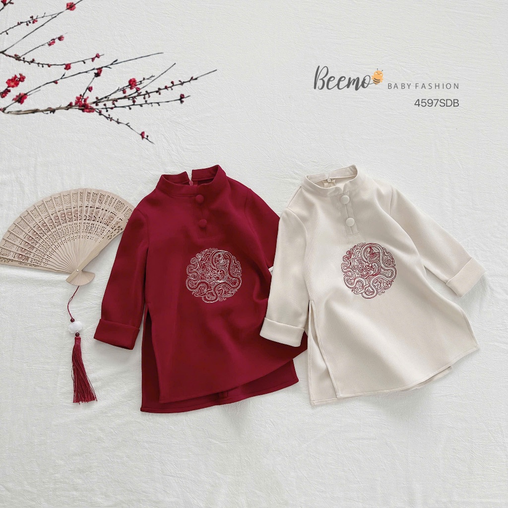 Áo dài nhung bé trai thêu rồng, áo dài diện tết bé trai phối quần suông lụa Beemo