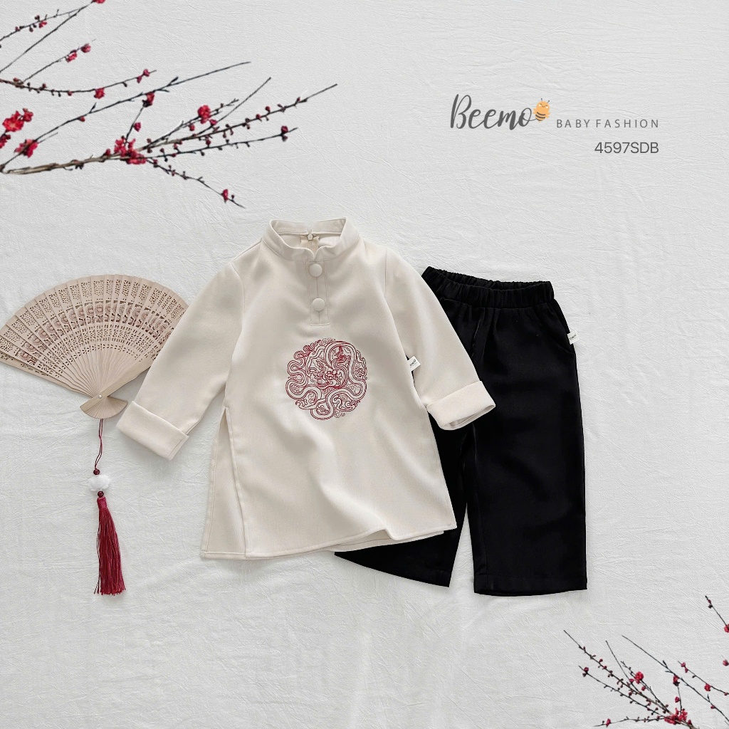 Áo dài nhung bé trai thêu rồng, áo dài diện tết bé trai phối quần suông lụa Beemo