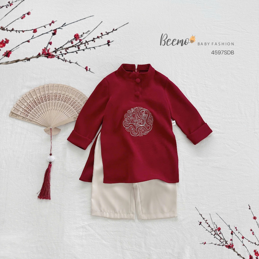 Áo dài nhung bé trai thêu rồng, áo dài diện tết bé trai phối quần suông lụa Beemo