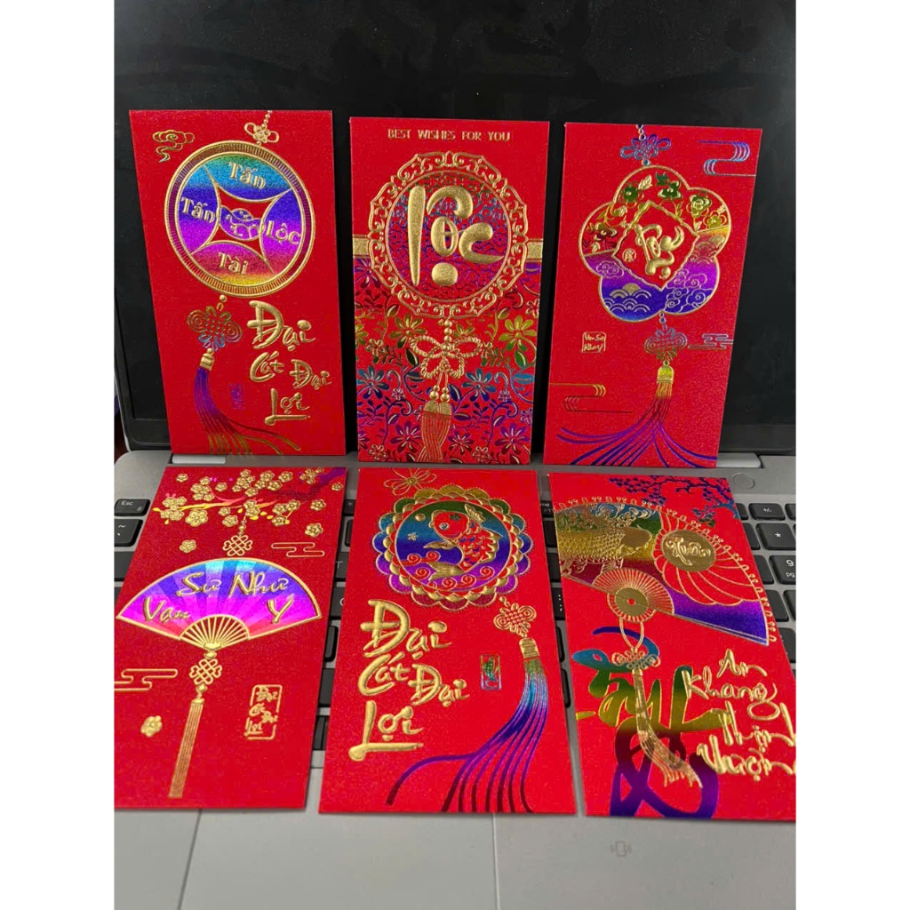 Sét 6 Bao Lì Xì Ngũ Sắc Giấy Siêu Đẹp Loại To 6 Bao lì xì tết Chữ Nổi Mạ Vàng Xuân Bính Ngọ 2026-PUPU HOUSE