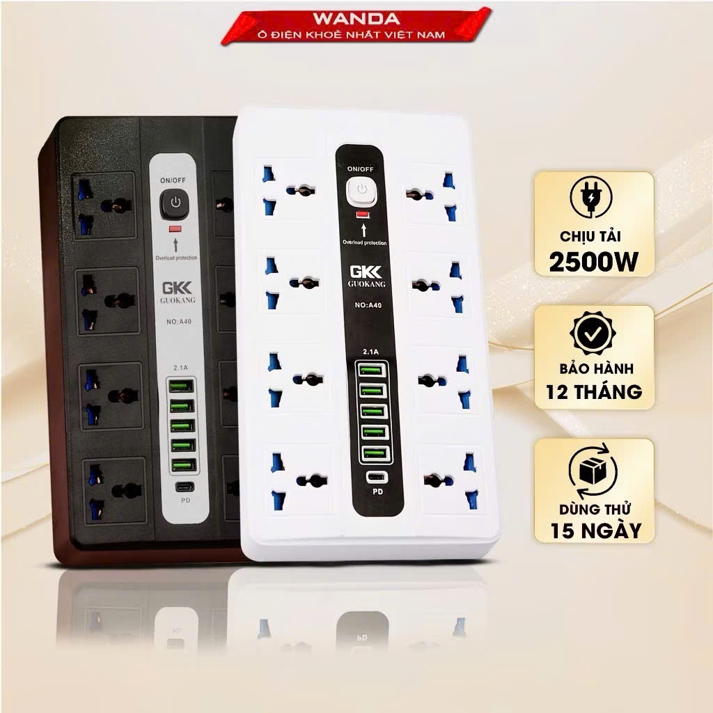 Ổ điện đa năng chính hãng WANDA 6 ổ 5 cổng USB 5V-2A, 1 cổng tyeC sạc nhanh PD,Chịu tải 2500W