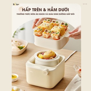 Nồi nấu chậm Bear SB-NNC08, Dung tích 0.8L, Kèm Lồng Hấp, Hầm Ninh Cách Thủy, Hẹn giờ, BH 18 Tháng