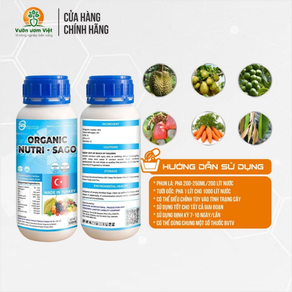 Phân bón hữu cơ dinh dưỡng tổng hợp ORGANIC NUTRI SAGO nhập khẩu Thổ Nhĩ Kỳ - 500ml