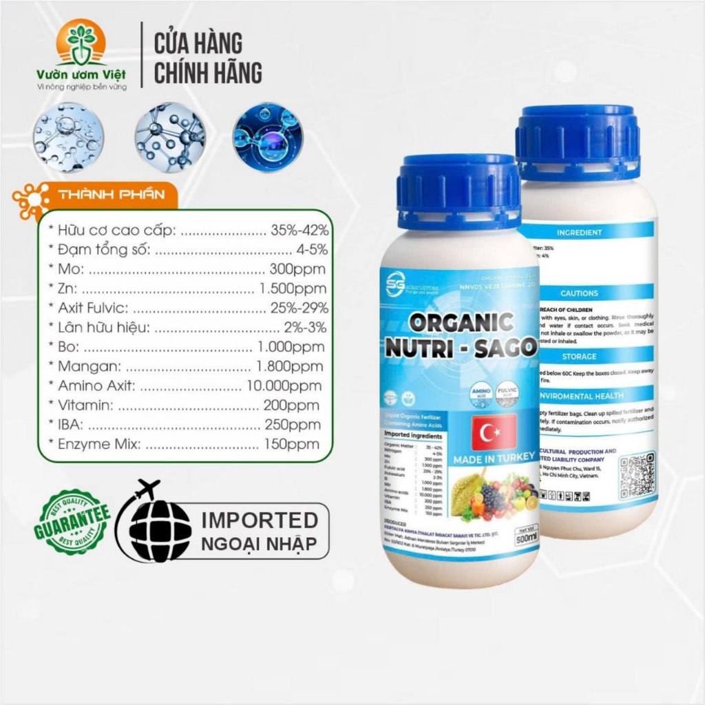 Phân bón hữu cơ dinh dưỡng tổng hợp ORGANIC NUTRI SAGO nhập khẩu Thổ Nhĩ Kỳ - 500ml
