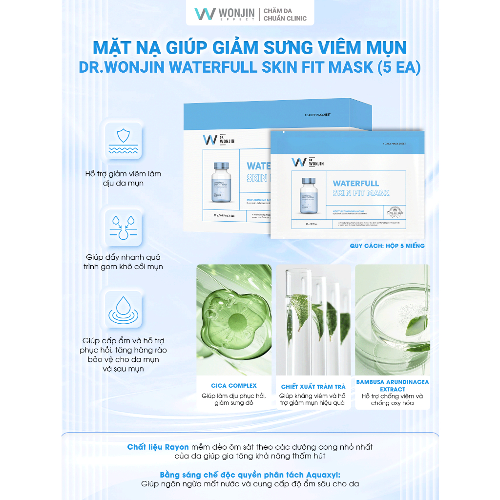 Ảnh HỘP Mặt Nạ Giúp Giảm Sưng Viêm Mụn WonJin Waterfull Skin Fit Mask 27g  [1 Hộp 5 Mask] 1