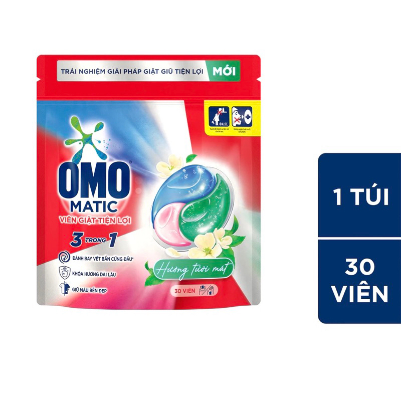 Túi viên giặt tiện lợi OMO Hương Thơm Mát 3 trong 1 (30 viên/túi)