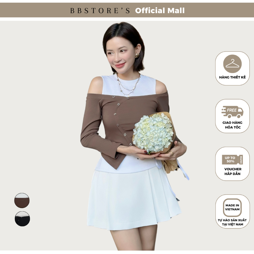 Ảnh Áo Kiểu Trễ Vai Phối Hai Items Tay Dài Cổ Tròn Cut out Chất Thun Bozip BBSTORE'S  -A4192Q 1