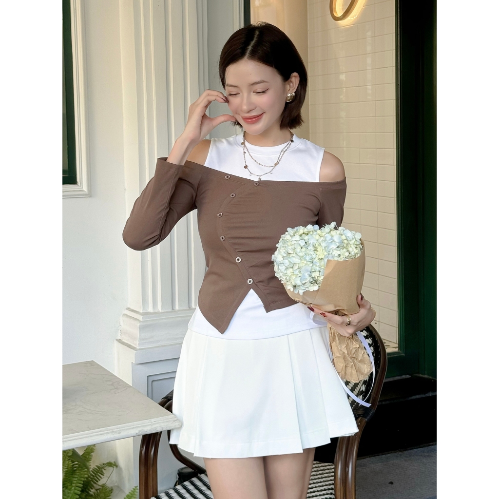 Ảnh Áo Kiểu Trễ Vai Phối Hai Items Tay Dài Cổ Tròn Cut out Chất Thun Bozip BBSTORE'S  -A4192Q 4
