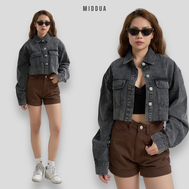 MIDDUA - SJ018 Short xăn lai denim, lưng siêu cao