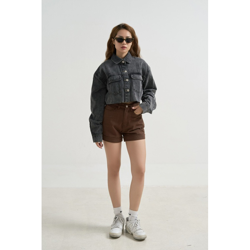 MIDDUA - SJ018 Short xăn lai denim, lưng siêu cao