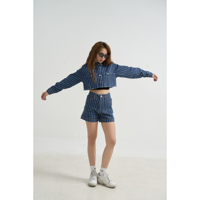 MIDDUA - SJ018 Short xăn lai denim, lưng siêu cao