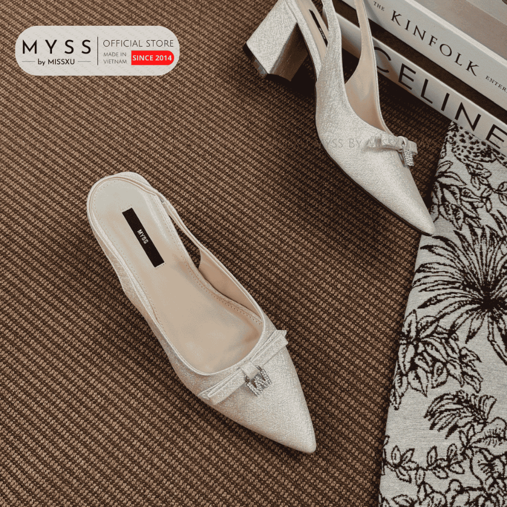 Giày cao gót nữ MYSS mũi nhọn nơ tầng phối khóa đá chữ M 6cm cao cấp MYSS - CG325