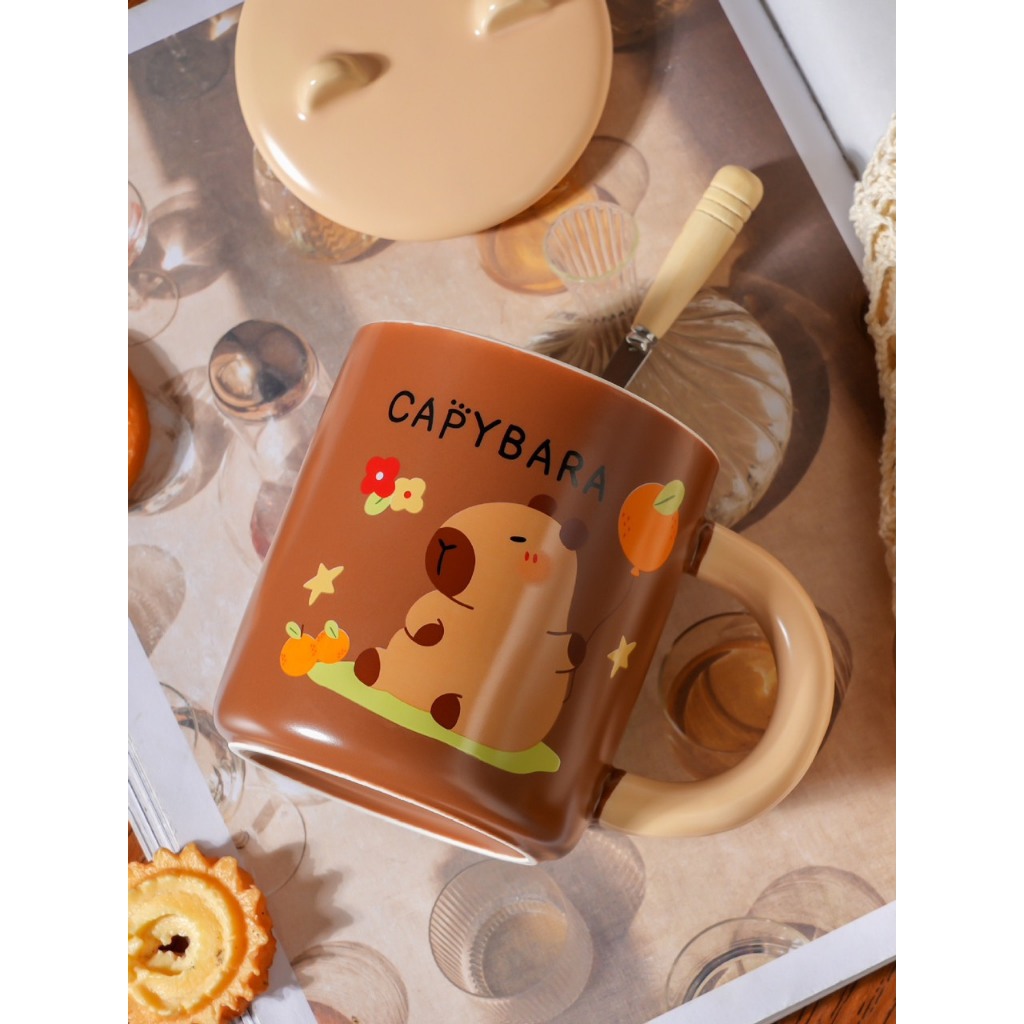 Cốc Ly Sứ Capybara Cao Cấp Có Nắp Kèm Thìa Và Nắp Uống Nước, Uống Trà, Làm Quà Tặng