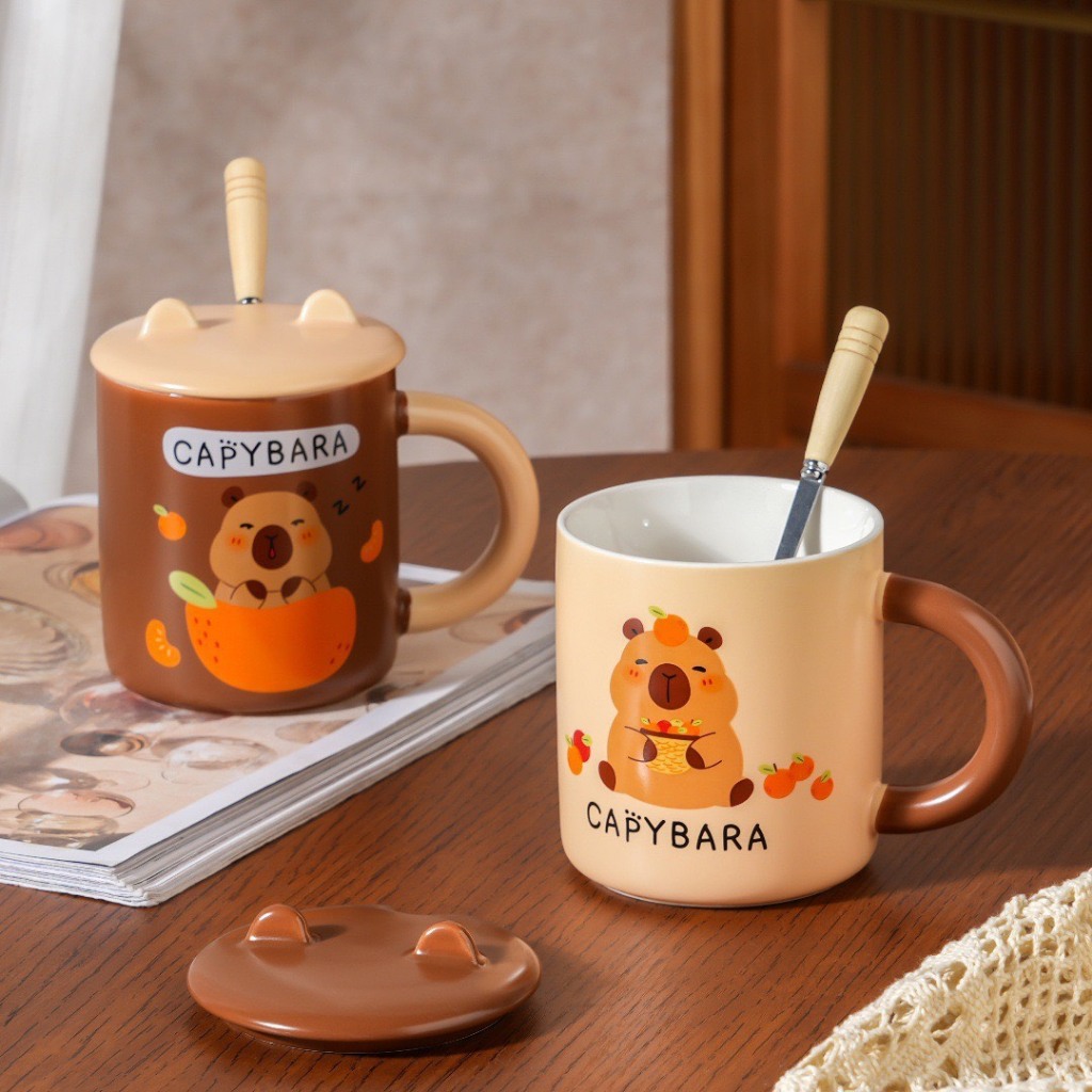 Cốc Ly Sứ Capybara Cao Cấp Có Nắp Kèm Thìa Và Nắp Uống Nước, Uống Trà, Làm Quà Tặng
