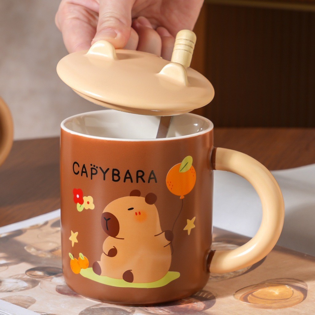Cốc Ly Sứ Capybara Cao Cấp Có Nắp Kèm Thìa Và Nắp Uống Nước, Uống Trà, Làm Quà Tặng