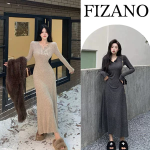 Váy nữ midi dài tay cổ tròn có cúc Fizano, đầm nữ thu đông dáng dài chất len lông thỏ HCOM2756