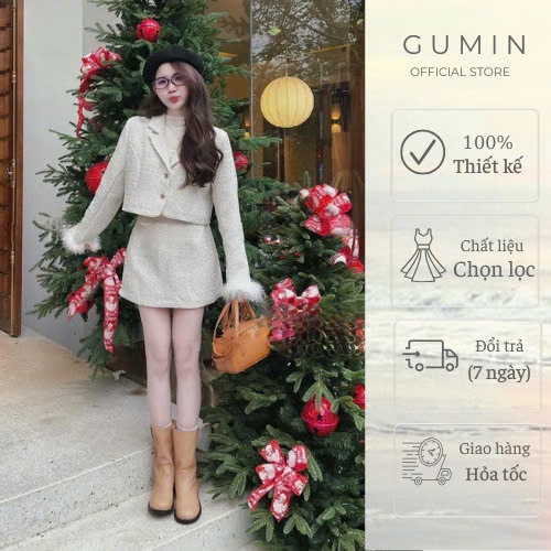 Set bộ áo váy dạ nhũ GUMIN thiết kế áo cổ vest tay dài phối lông kèm chân váy dáng ngắn dày dặn có lớp lót trong cao cấp