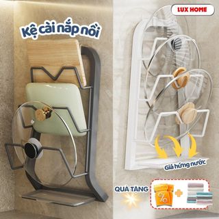 Kệ Cài Vung Dán Tường Thép Cacbon Chống Gỉ, Giá Để Nắp Nồi Kem Khay Hứng Nước Thông Minh