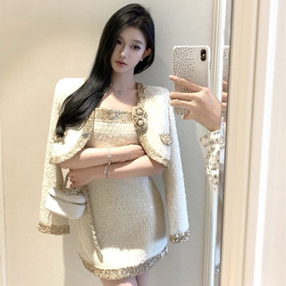 Sét Váy Dạ Tweet 2 dây viền bling bling và Áo khoác Dạ Sang Trọng