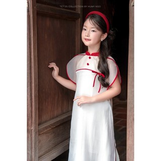 Áo dái cách tân bé gái HUMY NGO chất liệu tơ lụa ánh be phối đỏ cao cấp cho bé từ 14 - 42kg [98]