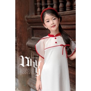 Áo dái cách tân bé gái HUMY NGO chất liệu tơ lụa ánh be phối đỏ cao cấp cho bé từ 14 - 42kg [98]